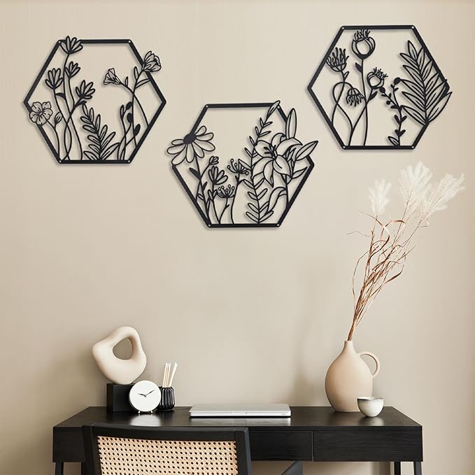 OYEFLY 3 Pcs Metal Flower Wall Decor,Farmhouse Flower Art (Black)
