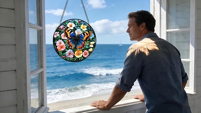 Stained Glass Window Hanging - A Beautiful Butterfly is Dancing in The Sea of Flowers 6.3 Inches Suncatcher for Garden Home Decor for Women Mon Grandma Friends
