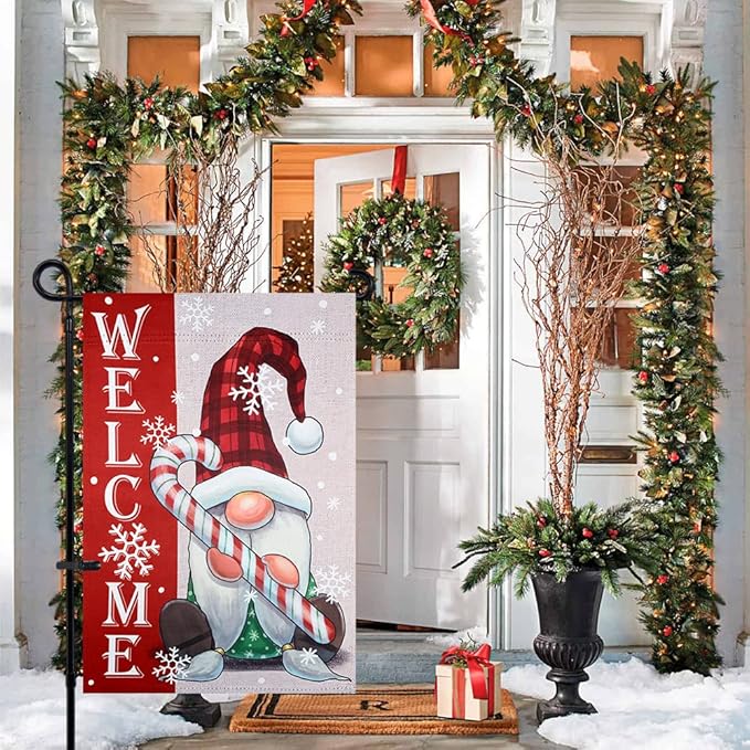 hogardeck Welcome Christmas Garden Flag, Gnome & Candy Polyester Outdoor Christmas Decorations, 12x18 Inch Vertical Double Sided Yard Flag, Snowflake Xmas Decor