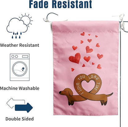 Dachshund Valentine House Flag Weiner Dog Valentines Day Garden Decorative for Outside 28 x 40 Double Sided I Love You Long Time Holiday Anniversary Yard Banner