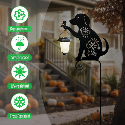 Dog Solar Lights Outdoor Garden, Beagle Dog Statues Outdoor,Metal Dogs Solar Lantern Garden Stakes for Yard,Lawn