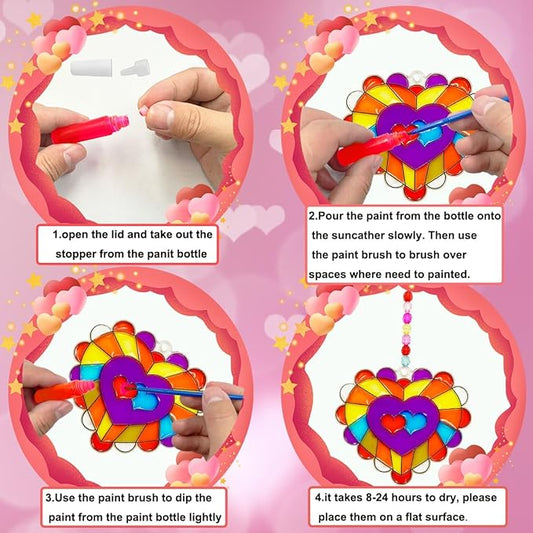 AUEKIV Valentines Suncatcher Crafts Kit 24sets Heart DIY Window Paint Art Suncatchers,Bear Sun Catchers for Valentine's Day Mother's Day Gift Exchange Classroom Art Project Party Favors