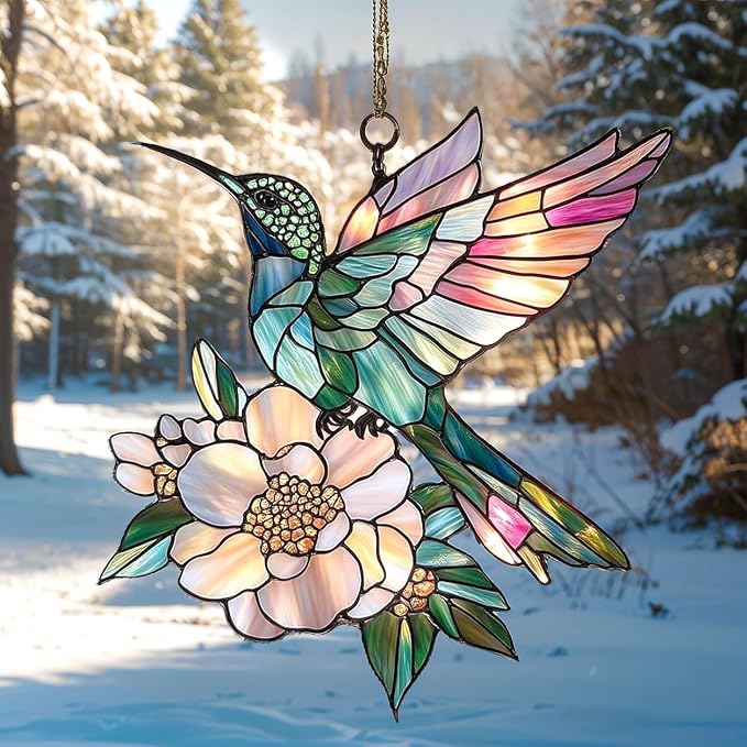 Floral Hummingbird Acrylic Suncatcher, Boho Suncatchers for Window Hanging Ornament, Stained Glass Effect Art Garden Decor for Bird Lover, Gifts for Mother's Day, Mom, Grandma, Wife, Women, Nana