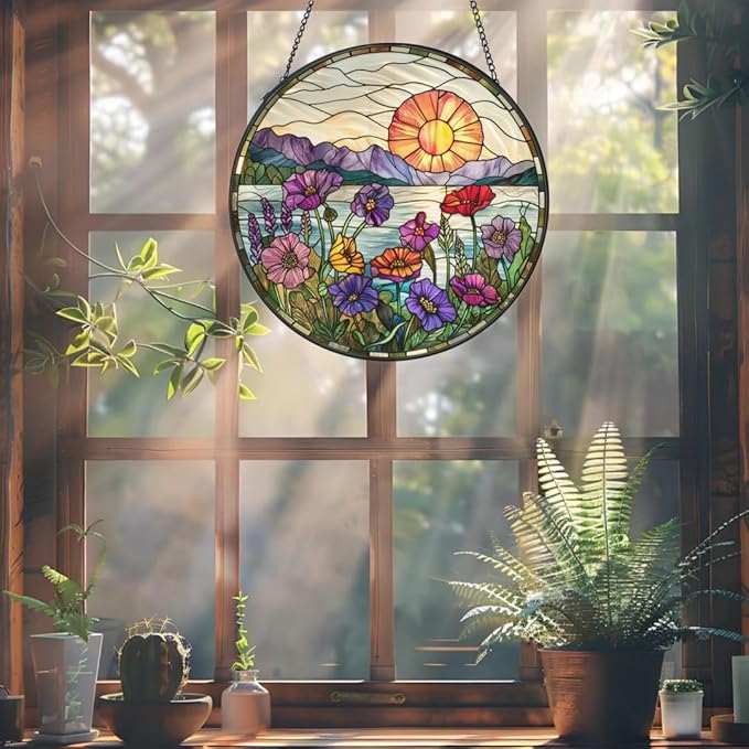 Wildflower Sun Catcher California Poppy Stained Glass Suncatchers 7.87 Inch Wildflower and Sun Stained Glass Ornament for Home Decor Indoor Wall Art for Women Mother Grandmother Friends