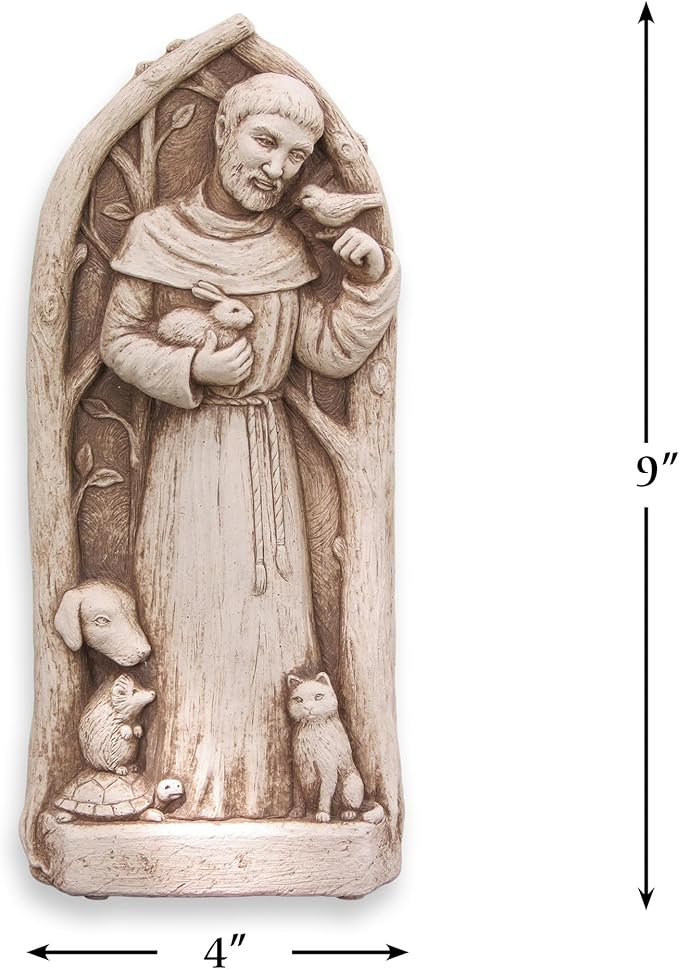 Carruth Studio Saint Francis Statue - St. Francis Blesses The Animals, Outdoor Garden Wall Plaque, Free Standing or Hanging 9" Handcrafted Stone Sculpture