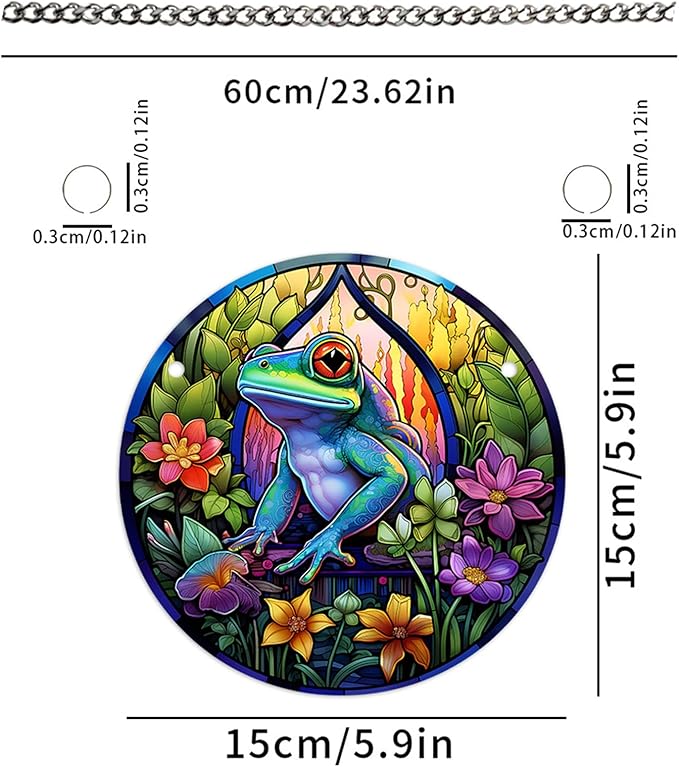 Stained Glass Window Hanging, Green Frog Flower Sun Catchers Colorful Glass Panel Cute Suncatcher Decor for Birthday for Women, Men, Wife, Aunt, and Mom 5.9x5.9 in