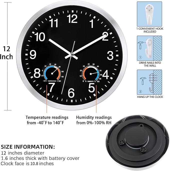 Caysie 12 Inch Indoor Outdoor Clocks Waterproof with Thermometer and Hygrometer Combo, Silent Battery Operated Quartz Metal Wall Clock for Patio Pool Bathroom Home (Black)