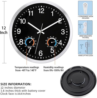 Caysie 12 Inch Indoor Outdoor Clocks Waterproof with Thermometer and Hygrometer Combo, Silent Battery Operated Quartz Metal Wall Clock for Patio Pool Bathroom Home (Black)