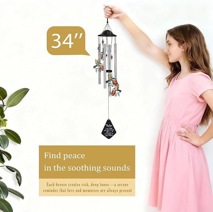 YU FENG Memorial Wind Chime with Crystals for Outdoor Garden Decor – Colorful Hummingbird with Memorial Tag, 34 Inch