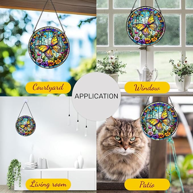 GENANY Butterfly Stained Glass Window Hanging, Sun Catcher with Metal Chain and Hook, Butterfly Spring Ornament Gifts for Women Men, Spring Home Decorations, Floral Themed Housewarming Gifts
