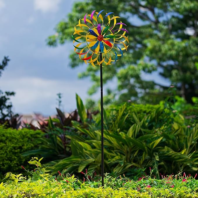 Wind Spinners Outdoor, Colorful Changing Garden Windmill for Yard Decor 65 inch, Unique Tree Leaf Design Metal Garden Wind Spinners，Gifts for Family Friends