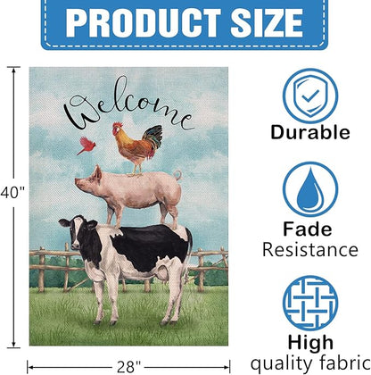 Dyrenson Welcome Summer Rooster Pig Cow Cardinal Farm Decorative House Flag, Country Yard Outside Decoration, Spring Farmhouse Outdoor Large Decor 28x40