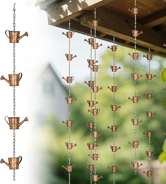 Copper Rain Chain for Gutters Vintage Outdoor Garden Patio Decorations Hanging Chimes Heart Circle Watering Can Metal Rain Chain Rustic Farmhouse Porch Backyard Outside Home Decor
