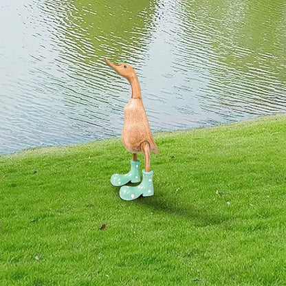 Wooden Crafted Duck Figurine with Spotty Wellies Funny Standing Duck Statues Decorative Resin Rain Boot Animal Sculpture Collectible Crafts Waterproof Garden Lawn Ornament (Green, 7.9Inch)