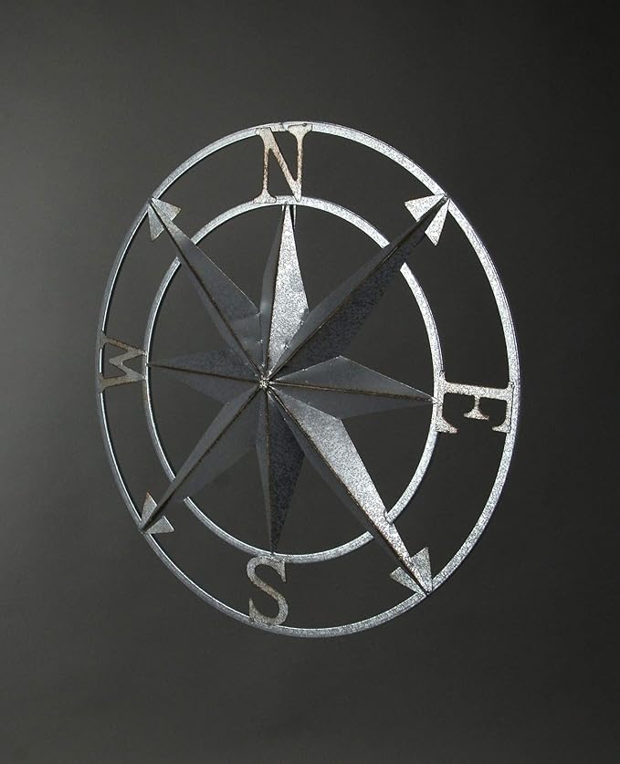 Nautical Compass Rose Wall Hanging Sculpture - Galvanized Grey Finish Metal Indoor Outdoor Ocean Decor - 20.5 Inch Diameter Elegant Maritime Home Accent Piece