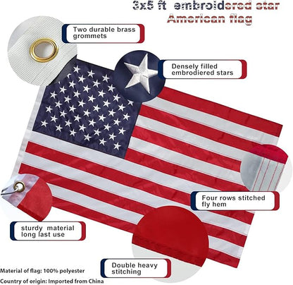 Flag Pole Kit with 3x5 American Flag - Includes 5ft Heavy Duty Tangle Free Flagpole,Embroidered 3X5 US Flag,Aluminum Mount Holder Bracket,Metal Flagpoles for Outside House,Porch,Outdoor - White