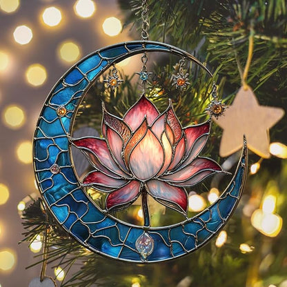 Vivid Lotus Moon with Tiffany Stars Acrylic Suncatcher Stained Glass Effect Window Car Hanging Christmas Ornament Indoor Outdoor Decor Garden Sun Catcher Panel for Lotus Lover for Women Mom Grandma