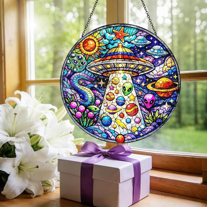 UFO Alien Stained Glass Window Hanging – Round Space Suncatcher with Chain, Colorful Glass Ornament for Bedroom Game Room Home Garden Decor Gift, 8 Inch