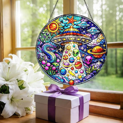 UFO Alien Stained Glass Window Hanging – Round Space Suncatcher with Chain, Colorful Glass Ornament for Bedroom Game Room Home Garden Decor Gift, 8 Inch