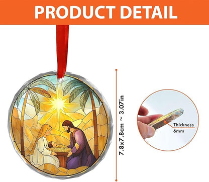 Nativity Stained Glass Ornament 2025 - Holy Family Christmas Tree Ornament, Glass Sun Catcher Window Hanging, Religious Christian Catholic Gift, Manger Scene with Bethlehem Star Keepsake(L-8)