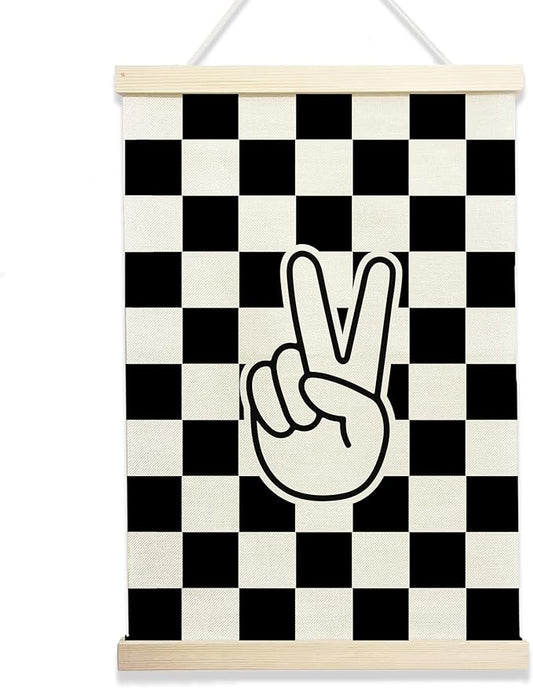 NQDWX Black and White Checkered Peace Sign Wood Poster Hanger - Retro Preppy Checkerboard Wall Decor, Hippie Boho Hanging Art for Bedroom, Dorm & Teen Room, 12x17 Inch Rustic Wood Frame Gift. (131)