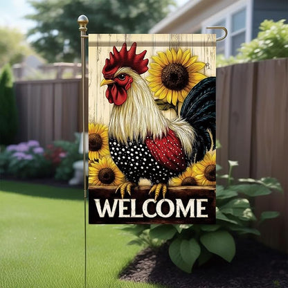 Spring Summer Garden Flag 12x18 Inch Welcome Rooster Sunflower Farm Animal Rustic Country Design Outdoor Yard Porch Lawn for Seasonal Farmhouse Home Decor