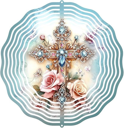 Cross Flower Wind Spinner, Metal Wind Spinners Outdoor/Indoor, God Cross Hanging Garden Decor for Outside, Stainless Wind Spinners for Yard and Garden 10 inch 3D (25.76X25 CM)