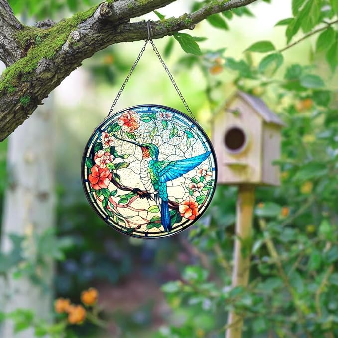 Stained Glass Window Hanging, 7.87" Luyseyha Sun Catcher for Window, Hummingbird Suncatcher Ornaments, Handmade Glass Art Wall Decor, Birthday Gift for Women Grandma Mom