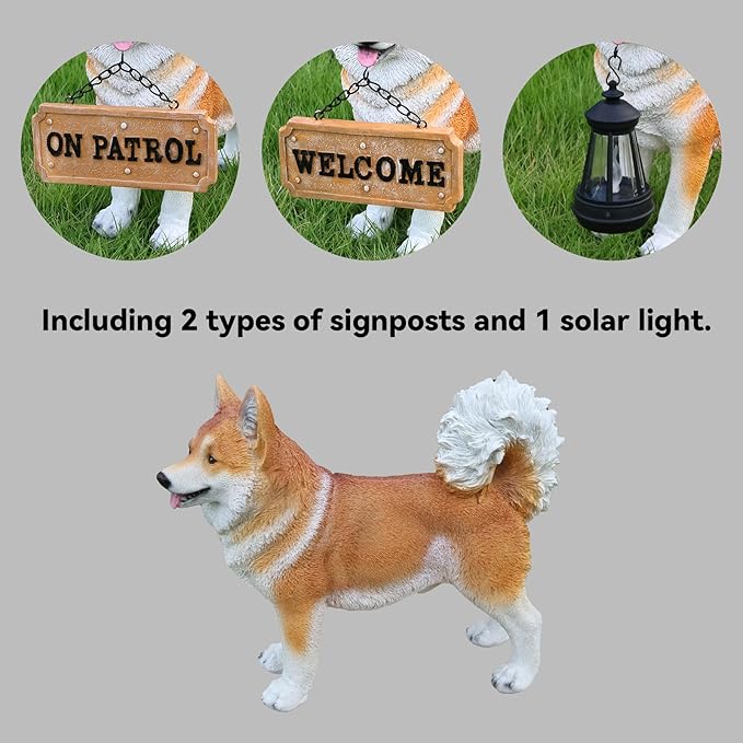 Akita Dog Garden Statue with Solar Lantern & Double-Sided Welcome Sign, Cute Shiba Inu Outdoor Decor Figurine for Patio Lawn Yard, Waterproof Resin Animal Sculpture, Dog Lover Gift