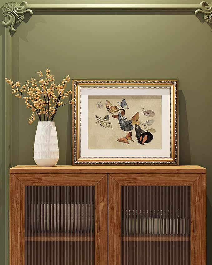 ARPEOTCY Vintage Gold Framed Wall Art, Classical Flying Butterflies Paintings, Canvas Prints Artwork with Antique Frame, Victorian Wall Pictures Decor for Living Room Gallery Bedroom, 13x16 inch