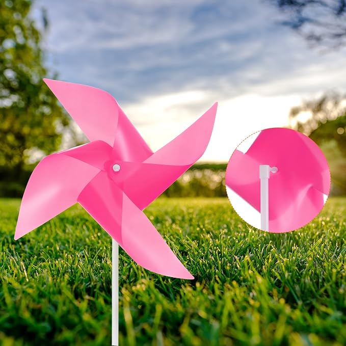 HARFINGTON 50pcs Windmills for The Yard Garden 15.7" x 9.1" 4 Leaves Pinwheels Wind Mills Spinners Windproof Waterproof Bird Devices with Stakes for Patio Decor, Pink