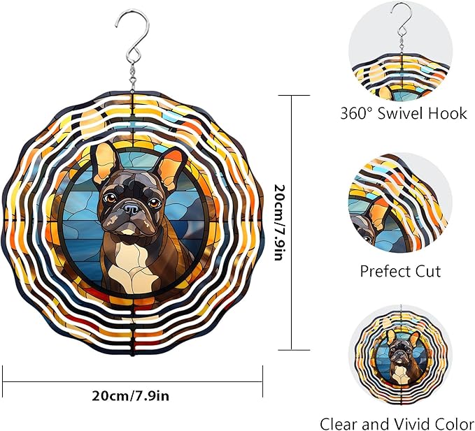 French Bulldog Wind Spinner Pet Dog Memorial Gifts 3D Aluminum Metal Kinetic Hanging Wind Sculpture Spinners for Yard and Garden Indoor Outdoor Window Garden Decoration 8 Inch (French Bulldog 2)