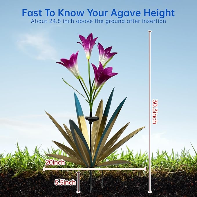 Homight Solar Metal Agave Lily Flower Garden Sculpture with LED Lights 30.3 Inch Waterproof Outdoor/Indoor Yard Decor Handmade Lawn Ornament Gift for Family Friends (3, Blue)