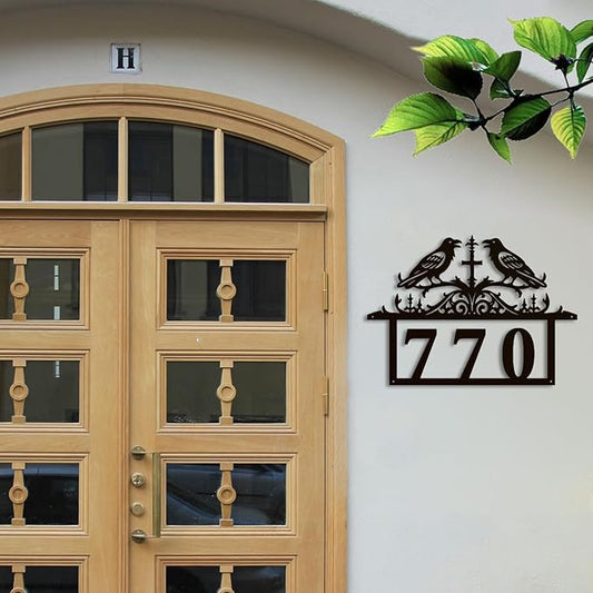 Personalized Gothic House Number metal Signs,Custom Address Number Metal Wall Art Decor,Black Plaques Outdoor wall Decorative Signage,Shed(8-30 Inches) (Crow A)