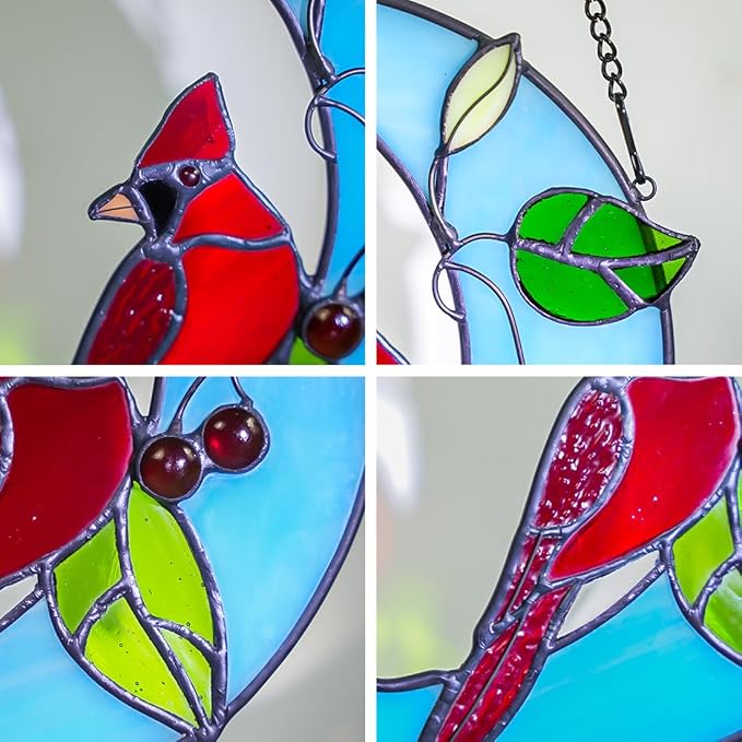 Cardinal Birds Decor Stained Glass Suncatcher,Red Cardinal Memorial Gifts for Mother,Stained Glass Birds Window Hangings Moon Decor,Bird Gifts for Bird Lovers Women Grandma
