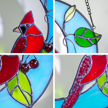 Cardinal Birds Decor Stained Glass Suncatcher,Red Cardinal Memorial Gifts for Mother,Stained Glass Birds Window Hangings Moon Decor,Bird Gifts for Bird Lovers Women Grandma