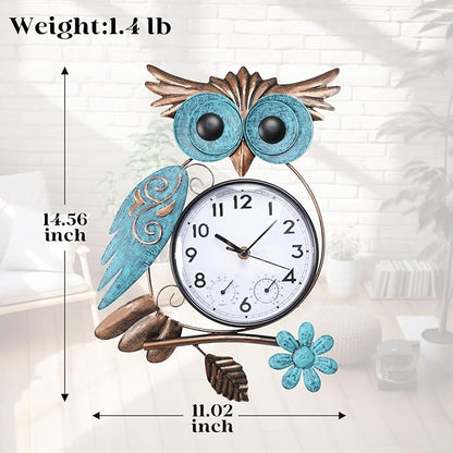MUMTOP Owl Outdoor Clock Waterproof, 14.56 Inch Outside Wall Clock with Thermometer Combo for Patio Pool Garden Home Decor