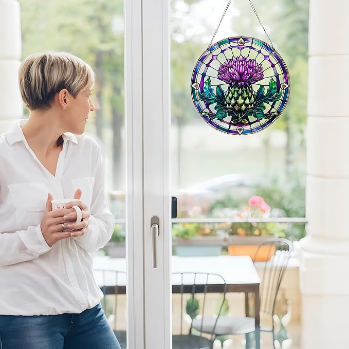 2 Pack Acrylic Thistle Window Hanging, 8in Scottish Symbol Stained - Style Decor, Suncatcher Ornament for Home Wall & Window, Ideal Gift for Celtic Culture Lover