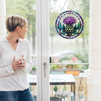 2 Pack Acrylic Thistle Window Hanging, 8in Scottish Symbol Stained - Style Decor, Suncatcher Ornament for Home Wall & Window, Ideal Gift for Celtic Culture Lover