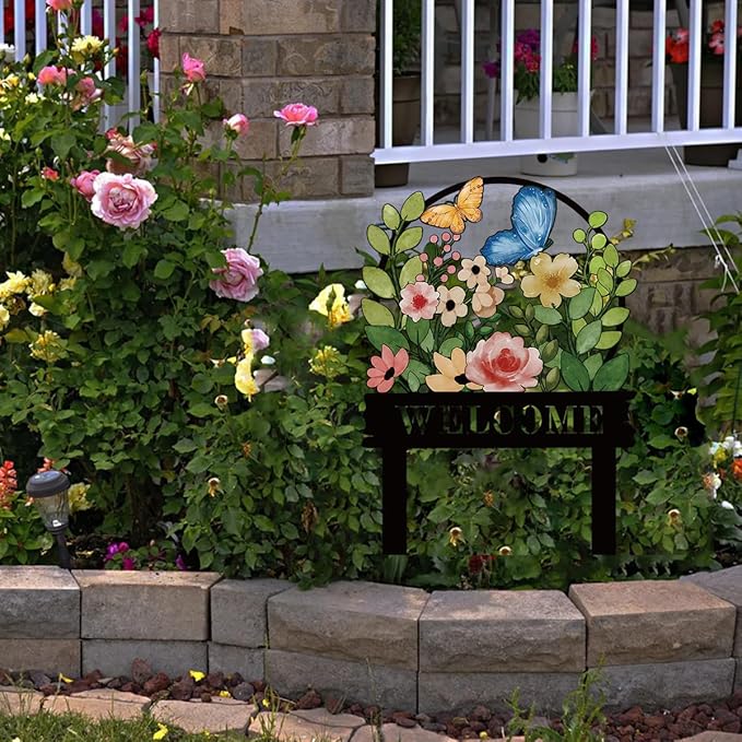 Decorative Garden Stakes, Welcome Yard Sign, Metal Arrangement Ornaments for Courtyard Lawn, Rusty Outdoor Decortions for Easter Housewarming (B)