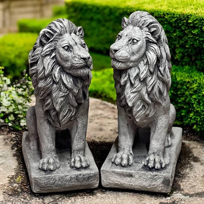 Lions Outdoor Sculpture Concrete Animals Statue Garden Painted Figure Yard Stone Decoration Front Door Entrance Figurines Pair of Lions on Pedestal Cement Gift