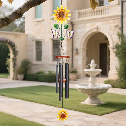 Sunflower Wind Chimes with Spinning Butterflies for Outside Hanging Garden Decor, Black Aluminum Tubes, Floral Wind Chimes for Yard, Porch, Patio, or Balcony for Women Mom Grandmom