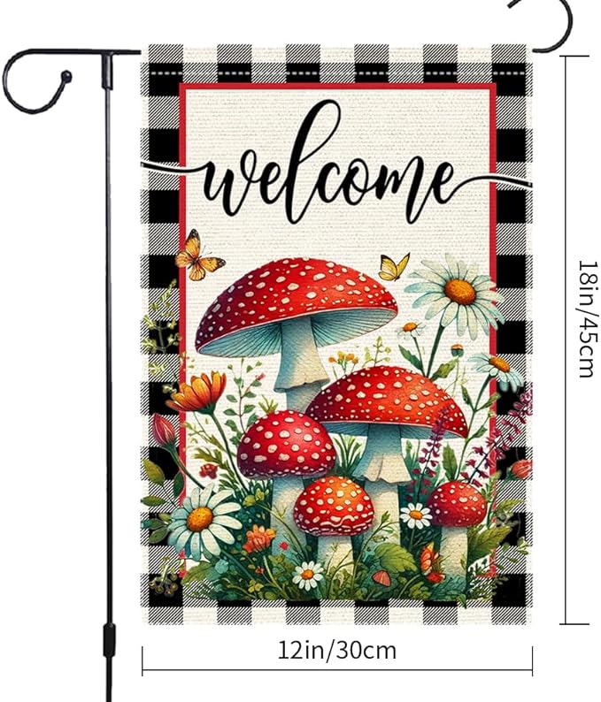 Welcome Mushrooms Garden Flag 12x18 Inch Burlap Double Sided, Buffalo Plaid Flowers Butterfly Colorful Floral Small Home Yard Outdoor Lawn Decor Rustic Farmhouse Flags Decorations