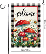 Welcome Mushrooms Garden Flag 12x18 Inch Burlap Double Sided, Buffalo Plaid Flowers Butterfly Colorful Floral Small Home Yard Outdoor Lawn Decor Rustic Farmhouse Flags Decorations