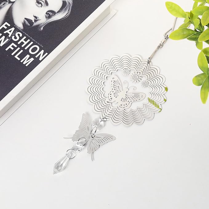 LONGSHENG - SINCE 2001 - Rainbow Maker Crystal Sun Catcher Wind Spinner for Indoor Outdoor Hanging Decor, with Silver Butterfly and Hook Decorative for Window Home Garden Birthday Gift