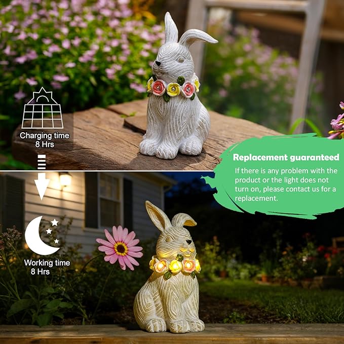 Solar Rabbit Garden Statue - Bunny Decor with Solar Flowers LED Lights Outdoor Yard Garden Decor - Unique Easter Gifts for Mon Women