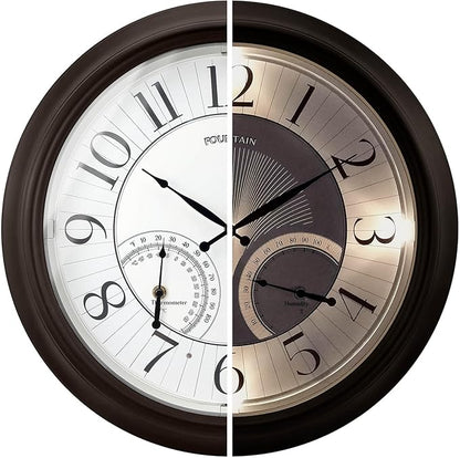 18 Inch Illuminated in/Outdoor Clock with Smart Sensor and Night Light, Waterproof, Large Wall Clock with Thermometer & Hygrometer for Patio,Pool and Garden Decor,Oil Rubbed Bronze