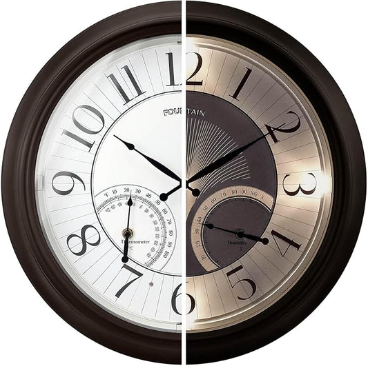 18 Inch Illuminated in/Outdoor Clock with Smart Sensor and Night Light, Waterproof, Large Wall Clock with Thermometer & Hygrometer for Patio,Pool and Garden Decor,Oil Rubbed Bronze