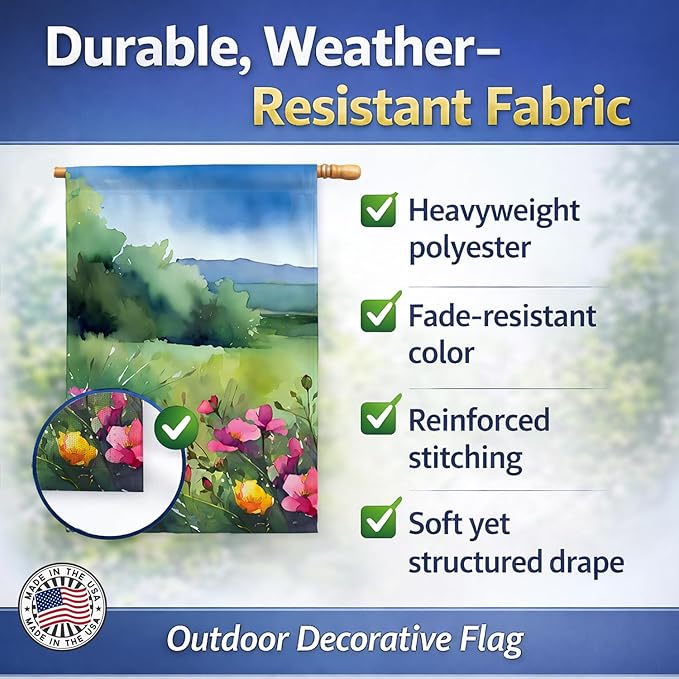 Caroline's Treasures North Dakota Wild Prairie Roses in Watercolor House Flag Large Porch Sleeve Pole Decorative Outside Yard Banner Artwork Wall Hanging, Polyester, House Size, Multicolor