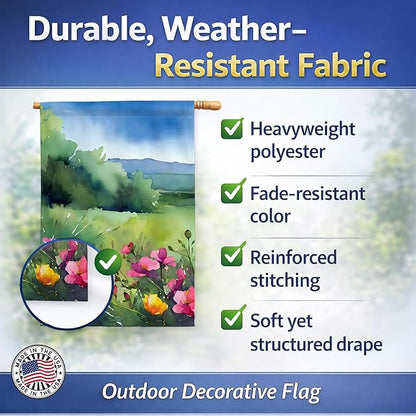 Caroline's Treasures North Dakota Wild Prairie Roses in Watercolor House Flag Large Porch Sleeve Pole Decorative Outside Yard Banner Artwork Wall Hanging, Polyester, House Size, Multicolor